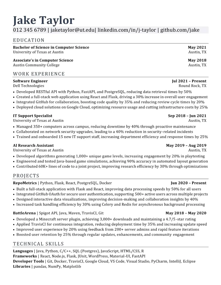 Jake's Resume example